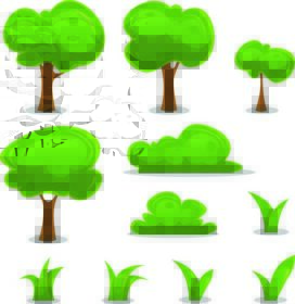 دانلود درختان کاریکاتور، هججس ها و برگ های گیاهی تنظیم کننده مجموعه ای از درخت کاریکاتور یا درختان تابستانی و آیکون های سبز، با