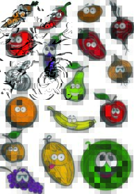 دانلود کاراکترهای خنده دار میوه و سبزیجات با سیب، نارنجی، گوجه فرنگی، پیاز، موز، سیب زمینی، سیر، چیلی،