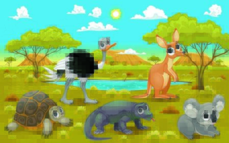 دانلود حیوانات استرالیایی در یک چشم انداز طبیعی. کارتون خنده دار و تصویر برداری