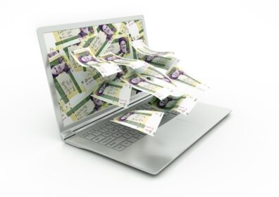 دانلود پول 3D ایران از مانیتور لپ تاپ جدا شده در پس زمینه سفید