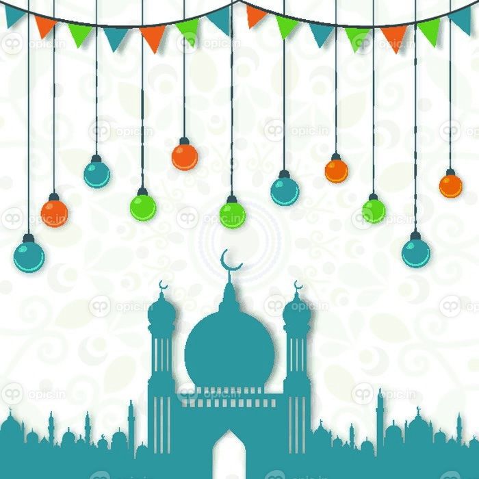 دانلود مسجد زیبا آبی با چراغهای آویز رنگارنگ و دکوراسیون bunting در زمینه الگوی گل مصنوعی برای اسلامی