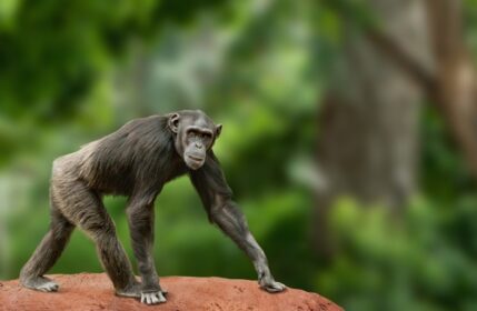 دانلود زن شامپانزه Ape زن به دوربین نگاه می کند، راه رفتن در جنگل