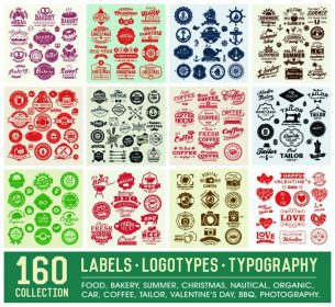 دانلود 160 طرح برچسب و لوگو طراحی شده است. طراحی تایپوگرافی یکپارچهسازی با سیستمعامل. نشان ها، لوگوها، مرزها، فلش ها، روبان ها، آیکن ها و اشیاء
