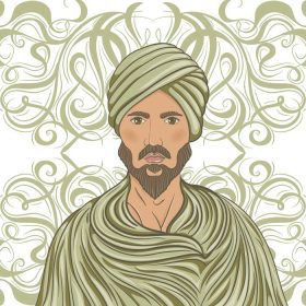 دانلود زیبا مرد عربی با سبیل و ریش در یک توربن بیش از الگوی زیبا. تصویر برداری یکپارچهسازی با سیستمعامل