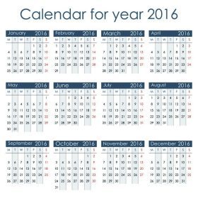دانلود Simple 2016 Calendar – هفته با دوشنبه آغاز می شود، جدا شده بر روی زمینه سفید، تصویر برداری