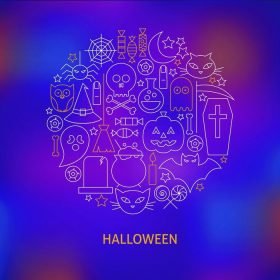 دانلود آیکون های تعطیلات هالووین نازک مفهوم شکل دایره ای. تصویر برداری از پاییز ترسناک تعطیلات اشیاء بیش از تاریکه آبی