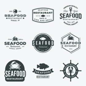 دانلود بردار مجموعه ای از آیکون های رستوران، غذاهای دریایی، علامت های تجاری، شکلات و عناصر طراحی. قالب های لوگو و مدالها با ماهی، خرچنگ، خرچنگ