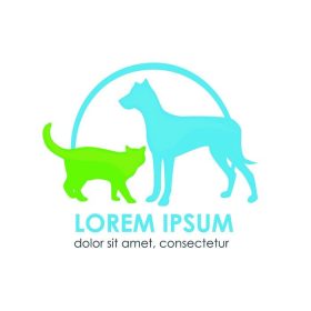دانلود آرم بردار برای دامپزشکی clinic.logo برای یک فروشگاه حیوان خانگی. آبی رنگ از سگ، سبز شبح گربه در پشت سفید