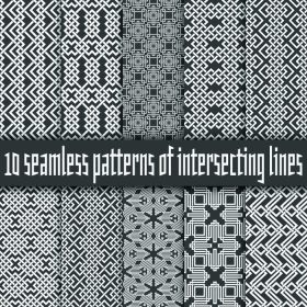 دانلود مجموعه ای از الگوهای بدون درز انتزاعی. ده نمونه از خطوط سفید در زمینه های سیاه و سفید