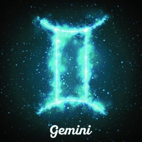 دانلود علامت زودیاک انتزاعی انتزاعی Gemini در پس زمینه آبی تیره از فضا با ستارگان درخشان. سحابی در ف