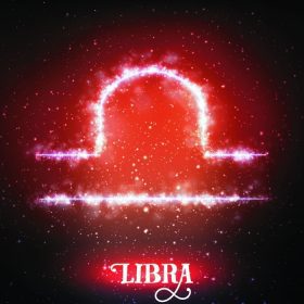 دانلود علامت زودیاک علامت برداری انتزاعی Libra در یک پس زمینه قرمز تیره از فضا با ستارگان درخشان. سحابی