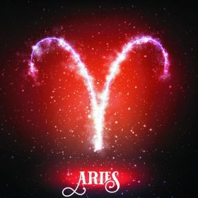 دانلود علامت زودیاک انتزاعی عنصر اورانیوم در یک پس زمینه قرمز تیره از فضا با ستارگان درخشان. سحابی در