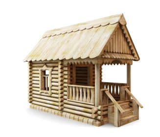 دانلود خانه های چوبی روستایی جدا شده بر روی زمینه سفید. تصویر 3D