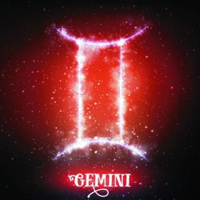 دانلود علامت زودیاک انتزاعی انتزاعی Gemini در یک پس زمینه قرمز تیره از فضا با ستارگان درخشان. N