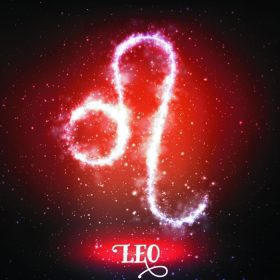دانلود علامت زودیاک انتزاعی انتزاعی لئو در یک پس زمینه قرمز تیره از فضا با ستارگان درخشان. سحابی به شکل