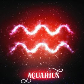 دانلود علامت زودیاک انتزاعی انتزاعی Aquarius در یک پس زمینه قرمز تیره از فضا با ستارگان درخشان. سحابی در