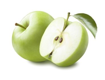 دانلود سیب سبز و نیمه با برگ جدا شده بر روی زمینه سفید به عنوان عنصر طراحی بسته