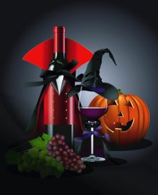 دانلود تصویر برداری از شیشه شراب و بطری در دراکولا و لباس جادوگر با کدو تنبل، انگور. سبک زندگی هنوز. مفهوم هالووین