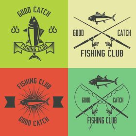 دانلود مجموعه باشگاه های ماهیگیری مجموعه ای از برچسب های بردار پرنعمت، نشان ها، نشان ها، ماهیگیری، ماهی تن، قلاب ماهیگیری، آرم های ماهیگیری ورزشی