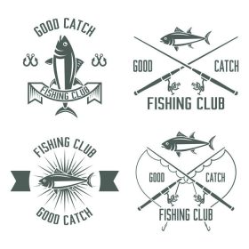 دانلود مجموعه ای از برچسب های بردار سبز بردار، مدالها، علامت های جدا شده بر روی زمینه سفید، میله ماهیگیری، ماهی تن، قلاب ماهیگیری، آرم های ماهیگیری ورزشی
