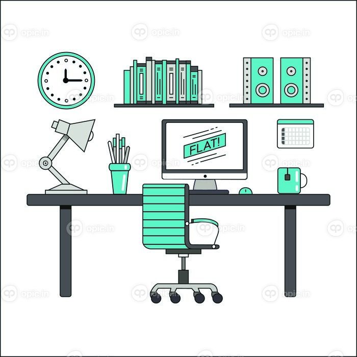 دانلود فضای کار طراحی فضای مدرن نازک. کامپیوتر، چراغ، کتاب ها، ابزار طراحی، تقویم، فنجان، موس، قلم، کتاب قفسه در دفتر داخلی