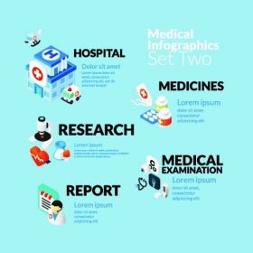 دانلود مجموعه پزشکی infographic با ایزومتریک آیکون های صاف، شامل بیمارستان های پزشکی تحقیق بازپرسی معاینه پزشکی