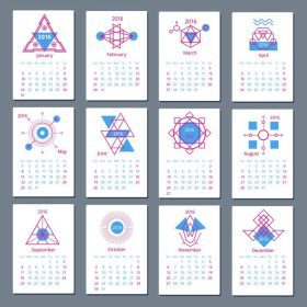 دانلود تقویم اروپا تقویم برای 2016 سال با الگوهای هندسی انتزاعی. تصویر برداری