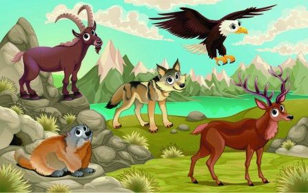 دانلود حیوانات خنده دار در چشم انداز کوهستانی. تصویر برداری کارتونی