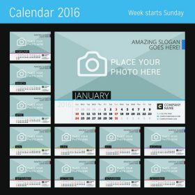 دانلود تقویم میز برای سال 2016. قالب چاپ بردار با محل عکس. مجموعه ای از 12 ماه هفته شروع می شود یکشنبه