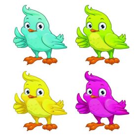 دانلود پرنده کارتونی خنده دار، انواع رنگ های مختلف، جدا شده بر روی سفید