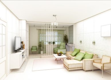 دانلود اتاق نشیمن با منظره چشم انداز، معماری داخلی 3D