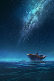 دانلود ماهیگیر در قایق در شب زیر راه شیری، نقاشی تصویر