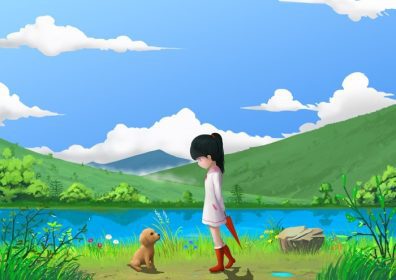 دانلود بهار این تصویر که در آن دختر بچه کوچک سگ را ملاقات می کند. داستان با سبک فوق العاده کارتون صحنه طراحی پس زمینه پس زمینه