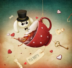 دانلود تصویر فانتزی با فنجان قرمز چای و خرگوش