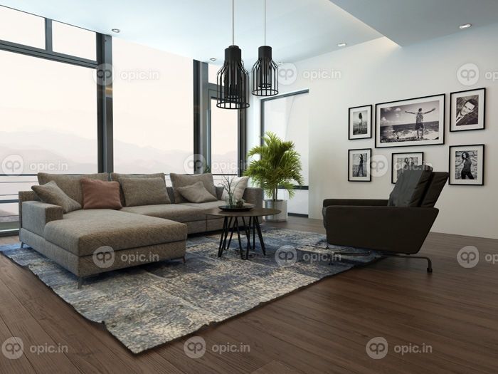 دانلود مدرن اتاق دنج داخلی اتاق با نیمکت خاکستری یا مبل و فرش در کف پارکت چوبی. رندر 3d