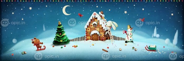 دانلود پانوراما تصویر با اشیاء کریسمس با خانه شیرینی زنجفیلی و درخت کریسمس، ماجراجویی خرگوش و خرس
