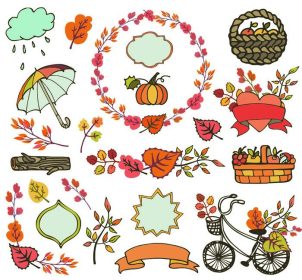 دانلود عناصر پاییز. برگهای رنگی، شاخه های درختی، دوچرخه، روبان و برچسب، شکل مدالها، چتر، سبد با