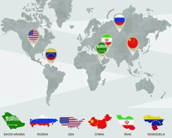 دانلود نقشه جهاني با نشانگرهاي عربستان سعودي ، روسيه ، ايالات متحده ، چين ، ايران ، ونزوئلا. کشورها با توليد نفت. تصوير برداري