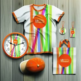 دانلود طراحی سوغات تبلیغاتی سفید برای هویت سازمانی با خطوط رنگی و شکل نارنجی. مجموعه لوازم التحریر