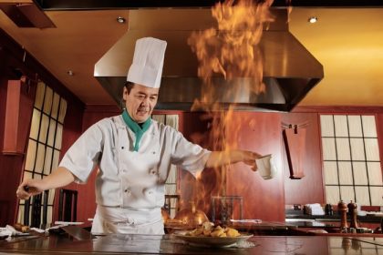 دانلود جهنم آشپزخانه آشپز ژاپنی سرخ کردن یک وعده گیاهی در سوزاندن شعله روح در آشپزخانه رستوران