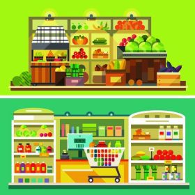 دانلود فروشگاه ، ویترین داخلی سوپر مارکت ، میوه ، سبزیجات ، نوشیدنی ، شیرینی ، پول نقد ، سبد خرید. خوردن سالم و غذای محیط زیست. وکتور تصاویر صاف و بردار