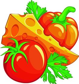 دانلود سبزیجات فلفل گوجه فرنگی و پنیر همراه با جعفری. تصویر برداری Eps10. جدا شده در پس زمینه سفید