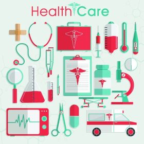 دانلود مجموعه ای از عناصر مراقبت های بهداشتی شامل ابزار پزشکی ، داروها و آمبولانس در پس زمینه خاکستری