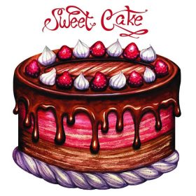 دانلود تصویر آبرنگ رنگی با دست. کیک شکلاتی با کمی توت فرنگی و خامه سفید. قرعه کشی آبرنگ وکتور شده