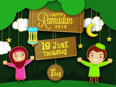 دانلود ماه مبارک جامعه مسلمانان ، جشن رمضان کریم با عروسک های ناز جشن اولین روز ماه رمضان در پس زمینه شبح مساجد