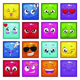دانلود مجموعه ای از شخصیت های مربع کارتونی رنگارنگ با احساسات مختلف ، شکلک های بردار جدا شده ، Avatars خنده دار
