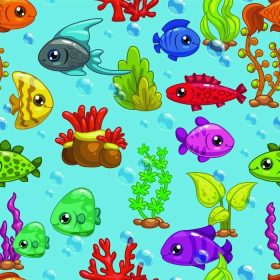 دانلود الگوی بدون درز با ماهی های کارتونی زیبا و علفهای هرز دریایی به رنگ آبی