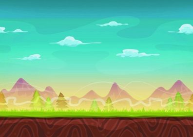 دانلود Season Mountains Landscape For Ui بازی تصویر زمینه کارتونی بدون درز پس زمینه کوه با چمن و درختان کاج برای بازی ui