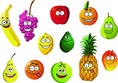 دانلود مبارک خنده دار کارتونی میوه های با موز ، انگور ، سیب ، گلابی آناناس گلابی گلابی ، آووکادو ، زردآلو و انبه