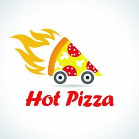 دانلود آرم تصویرسازی پیتزا فروشی رستوران به صورت یک تکه پیتزا با آتش روی چرخ ها. آرم تحویل پیتزا